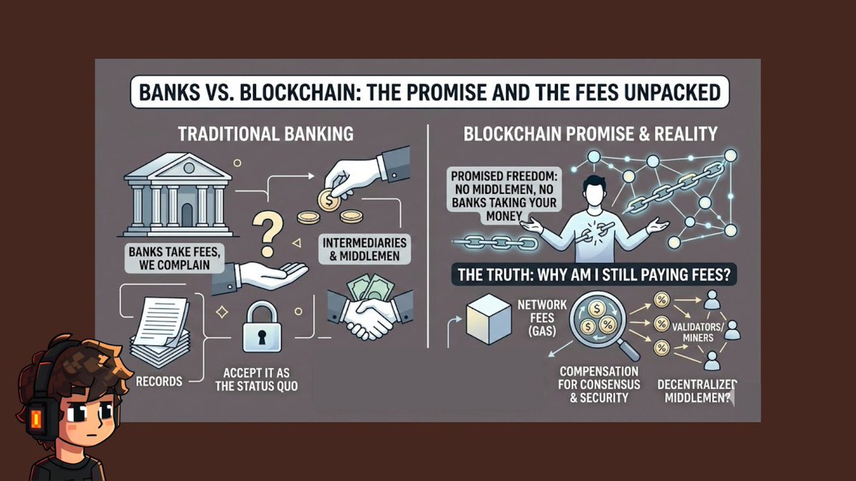 🏦 Banks take fees, we complain, but accept it.

Blockchain promised freedom, no middlemen, no bank taking your money.

So… why am I still paying fees just like in banks?

Something feels off… let’s unpack the truth ⬇️