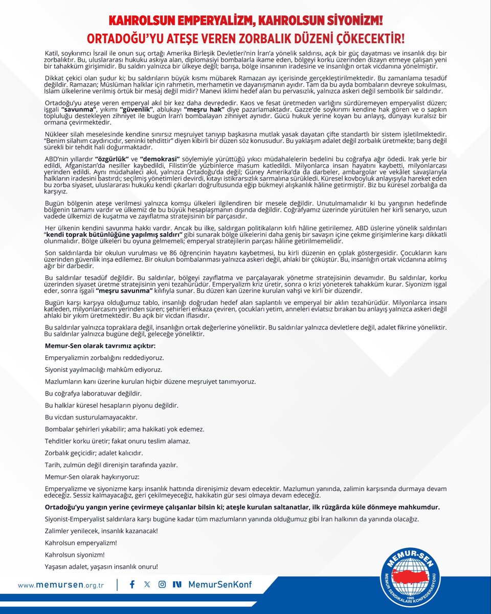 Coğrafyamızı Ateşe Veren Zorbalık Düzeni Çökecektir!

İsrail’in, Amerika Birleşik Devletleri ile birlikte İran’a yönelik gerçekleştirdiği saldırılar; bölgesel barışı, uluslararası hukuku ve insanlığın ortak vicdanını hedef almaktadır. Sivillerin, yerleşim alanlarının ve eğitim