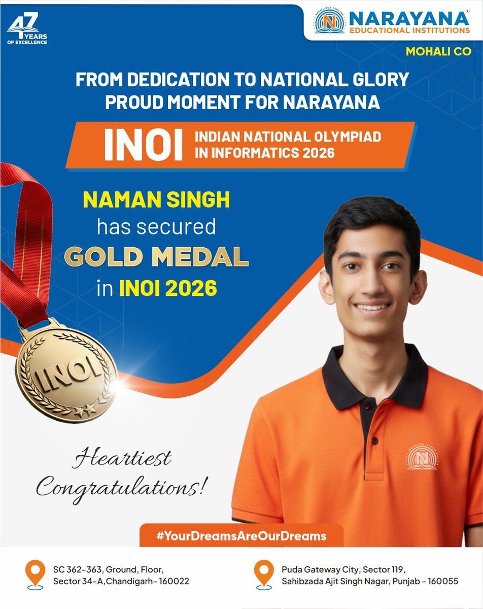 NarayanaProdigy's tweet photo. 🌟 From Dedication to National Glory – A Proud Moment for Narayana!

🥇 Big win at INOI 2026!
Congrats to our Narayanite, for clinching Gold 🏆

✨ Heartiest Congratulations, Naman Singh! ✨

Your Dreams Are Our Dreams. ✨
#Narayanites #INOI2026 #CodingExcellence

Team Narayana https://t.co/oEL3c3zjkI