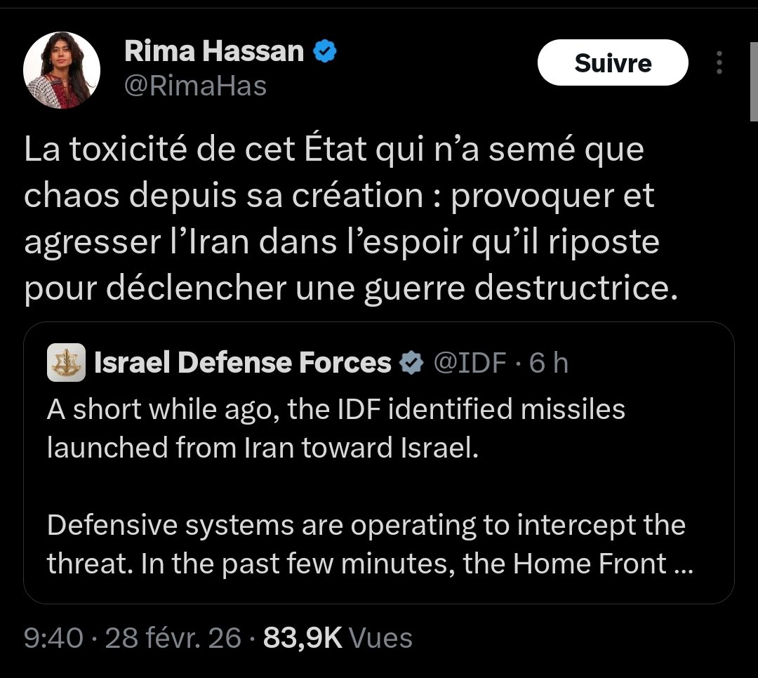 ACapraDiMonti's tweet image. Elle s'affole...... Elle reprend ma propagande et éléments de langage des mollahs du régime iranien.... 

#RimaHassan
#FreeIran✊
(Archives-Frappes en Iran 28/2/2026)
