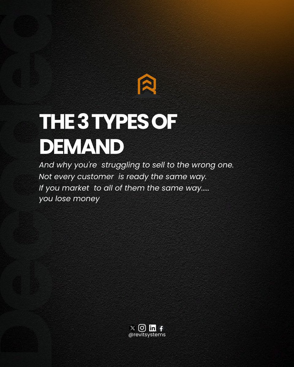 revitsystems's tweet photo. You’re not struggling to sell.
You’re speaking to the wrong level of demand.

Some don’t know the problem.
Some know the problem but not the solution.Some just need the right provider.
Match your message to their awareness and sales become predictable.Which type are you targeting https://t.co/8llUhU5tnI