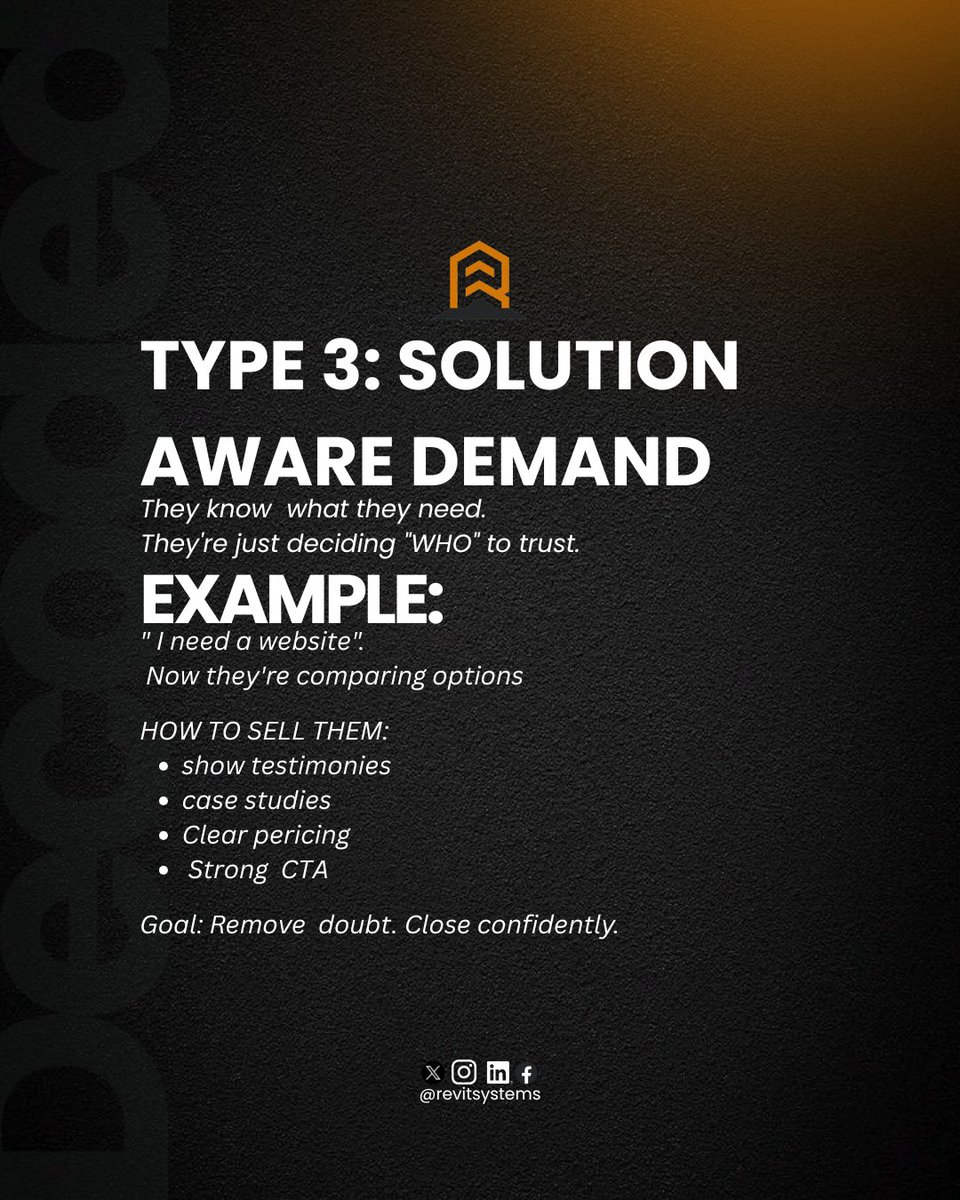 revitsystems's tweet photo. You’re not struggling to sell.
You’re speaking to the wrong level of demand.

Some don’t know the problem.
Some know the problem but not the solution.Some just need the right provider.
Match your message to their awareness and sales become predictable.Which type are you targeting https://t.co/8llUhU5tnI