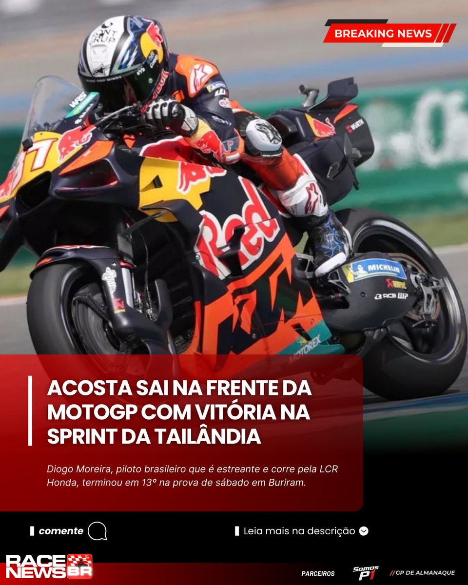 racebrsports's tweet image. Pedro Acosta, da KTM, venceu a corrida sprint do GP da Tailândia de MotoGP depois da queda de Marco Bezzecchi e da polêmica punição de Marc Márquez, que ficou em segundo. Raúl Fernández, da Trackhouse Aprilia, completou o pódio.

#MotoGP #MotoGPNews