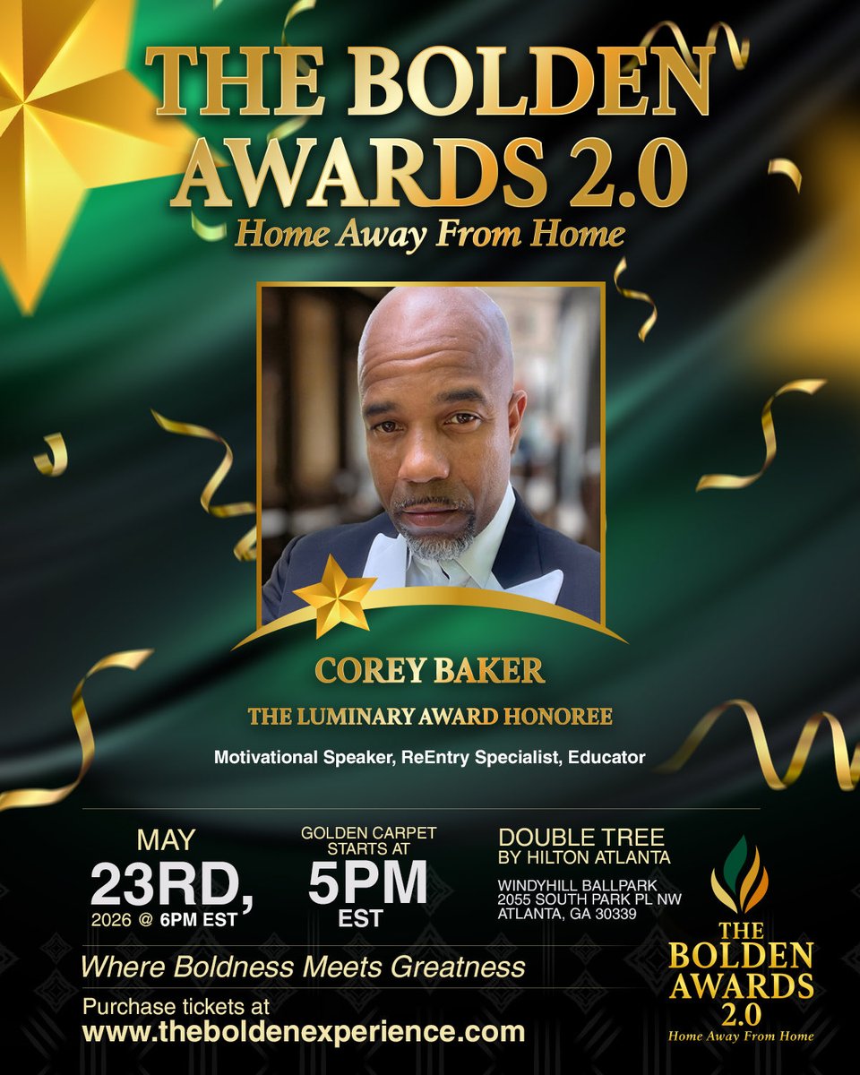 🏆 16th Bolden Honoree: Corey Baker
🌟 Luminary Award — honoring a leader whose light inspires transformation &amp; purpose.

Founder of Skillsets for Life, Corey empowers reentry success &amp; life change.
Honoring him May 23, 2026.

🎟 20% OFF:BOLDEN
🌐 theboldenexperience.com

#Bolden