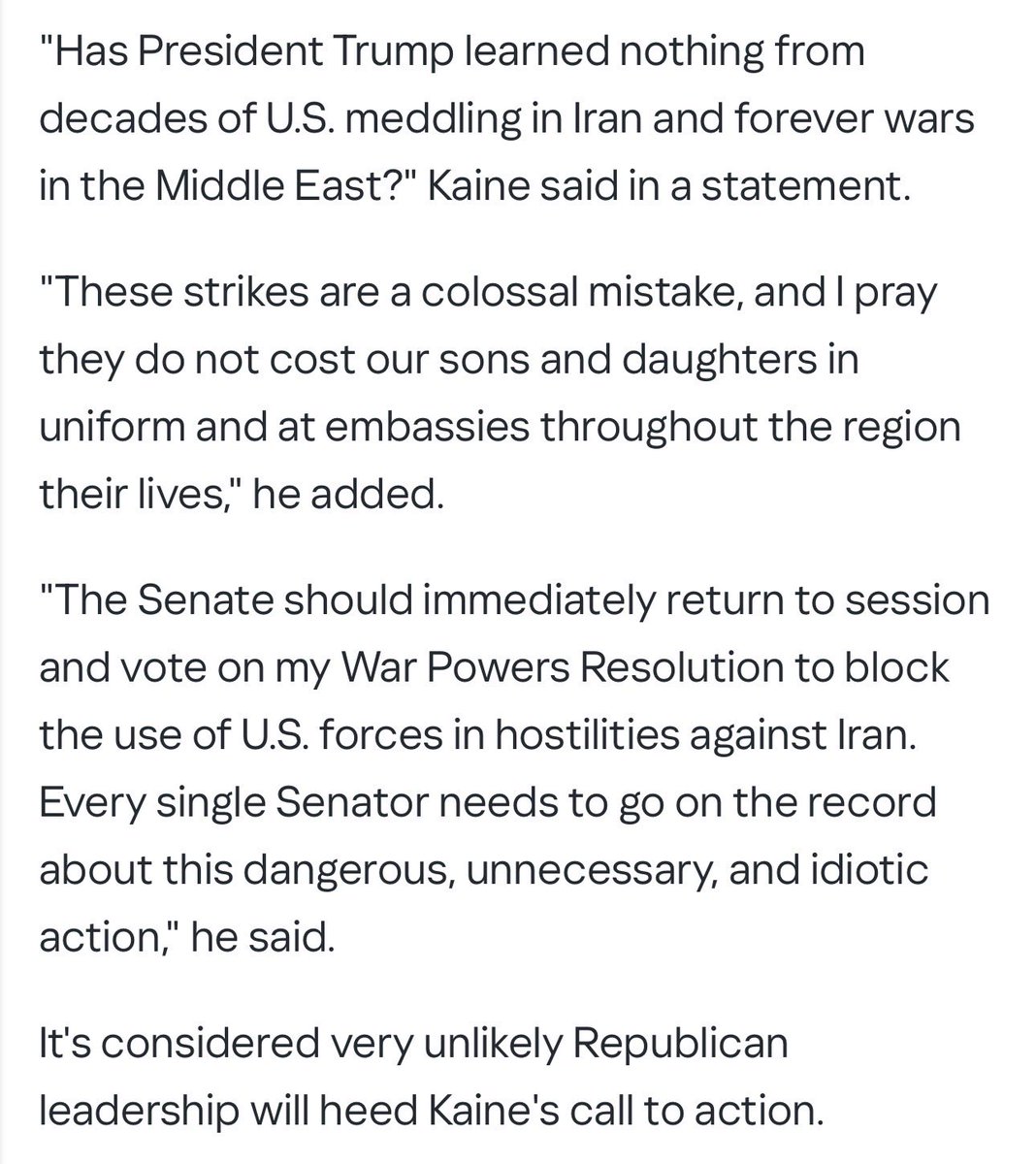 ⁦<a href="/SenTimKaine/">Senator Tim Kaine</a>⁩ - yours is a call of deadly inaction. Have you learned nothing from the 911 attack and subsequent civilian deaths sponsored by Iran? It’s time to put an end to the murderous Islamic regime in Iran. Free the people and free the world of constant terrorism.