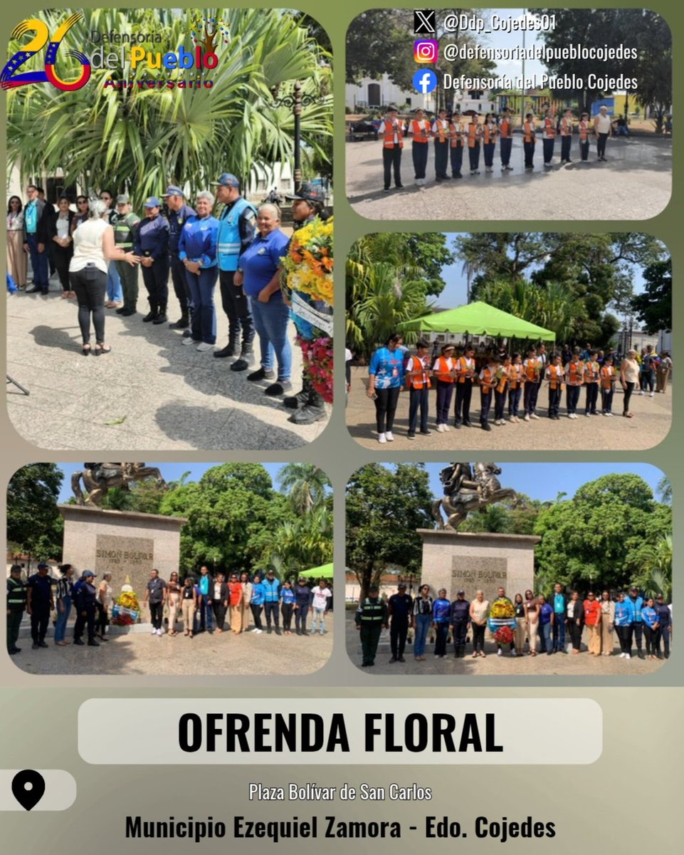 En el marco del 26 Aniversario de la Defensoría del Pueblo, la Defensora Delegada Abg Corina Lago y su equipo de trabajo efectuaron Ofrenda Floral ante el Padre de la Patria Simón Bolivar. Dicha actividad se realizó en la Plaza Bolivar de San Carlos