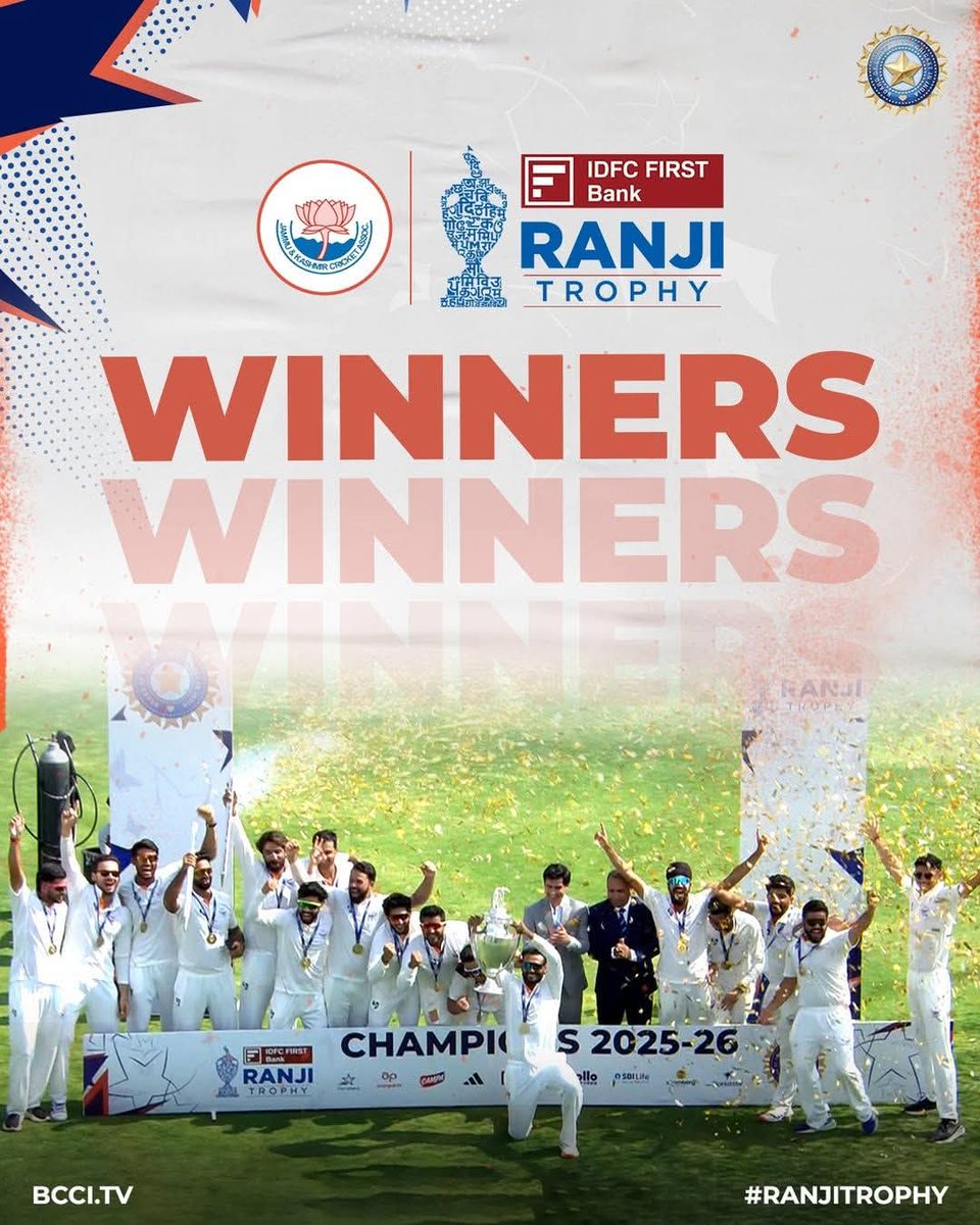 OfficeofSyidMuj's tweet photo. Heartiest congratulations to the Jammu and Kashmir cricket team for lifting the prestigious Ranji Trophy for the very first time.

This historic triumph reflects the transformative changes, growing confidence and expanding opportunities among youth in Jammu & Kashmir.

A proud moment that symbolises stability, development and a bright future ahead.
@AdgpArmedJK @AshokKoul59 @BJP4JnK @diprjk @DistrictShopian @diprjk @BilalParray @Sunil_SharmaBJP @dmshopian @shishrgupta @iamSajjadRaina @DigSkr @StarSportsIndia @MCShopian @ShopianPolice @ImtiyazMirKPS