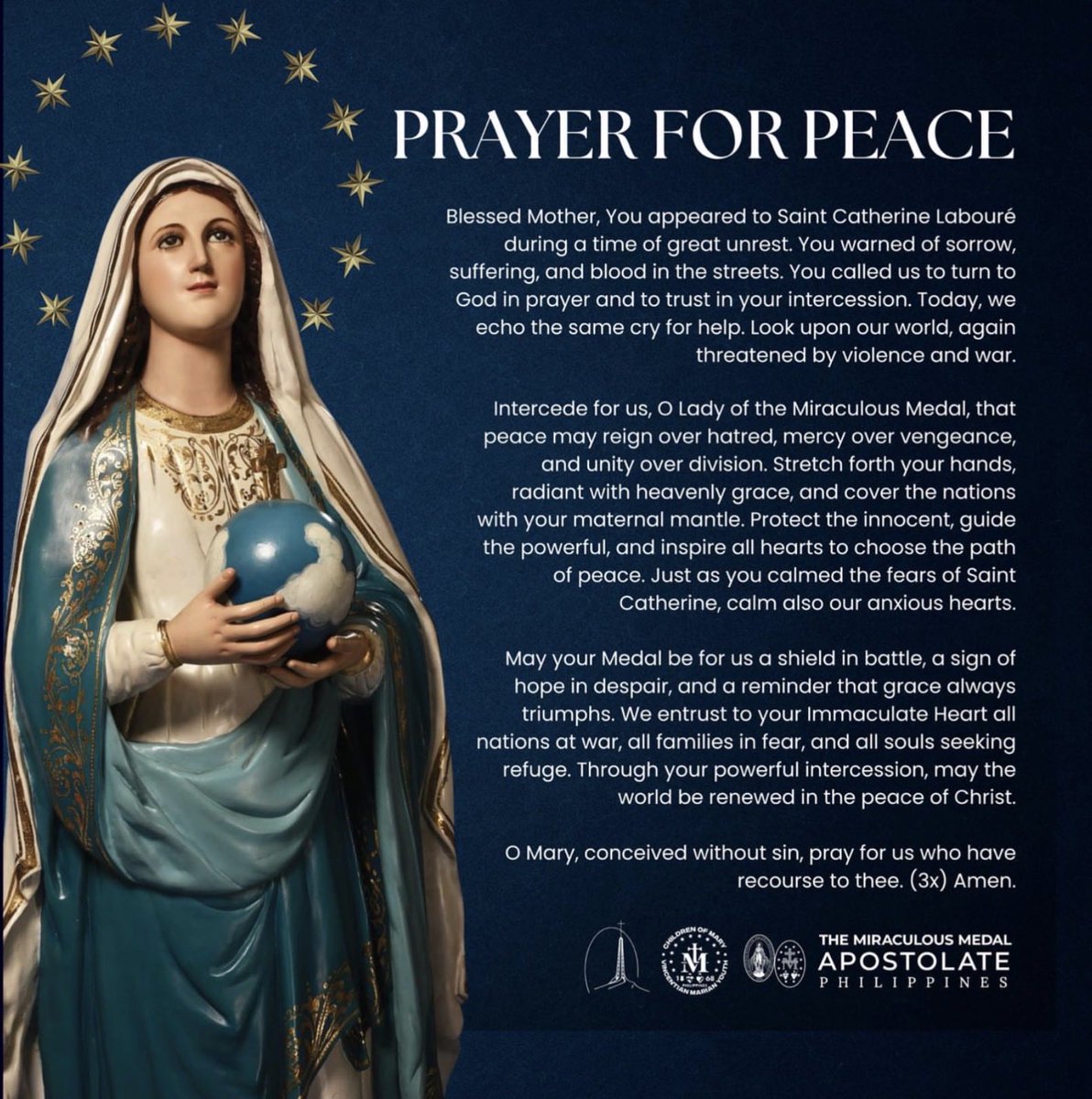 MDLatinMass's tweet photo. "Blessed Mother, you appeared to Saint Catherine Labouré during a time of great unrest. You warned of sorrow, suffering, and blood in the streets... Today, we echo the same cry for help. Look upon our world, again threatened by violence and war." https://t.co/SCwbWENhdK