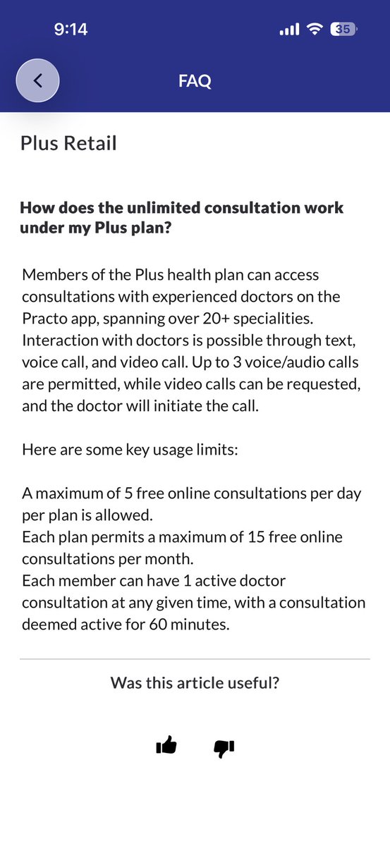 Ds_277001's tweet photo. @Practo I've been using your annual Practo Plus membership for quite some time. The plan clearly mentions unlimited doctor consultations, yet after a few consultations I'm being shown a monthly limit exhausted
message.
This is misleading. Please clarify and resolve.
SS attached. https://t.co/ogYXgmM3XQ