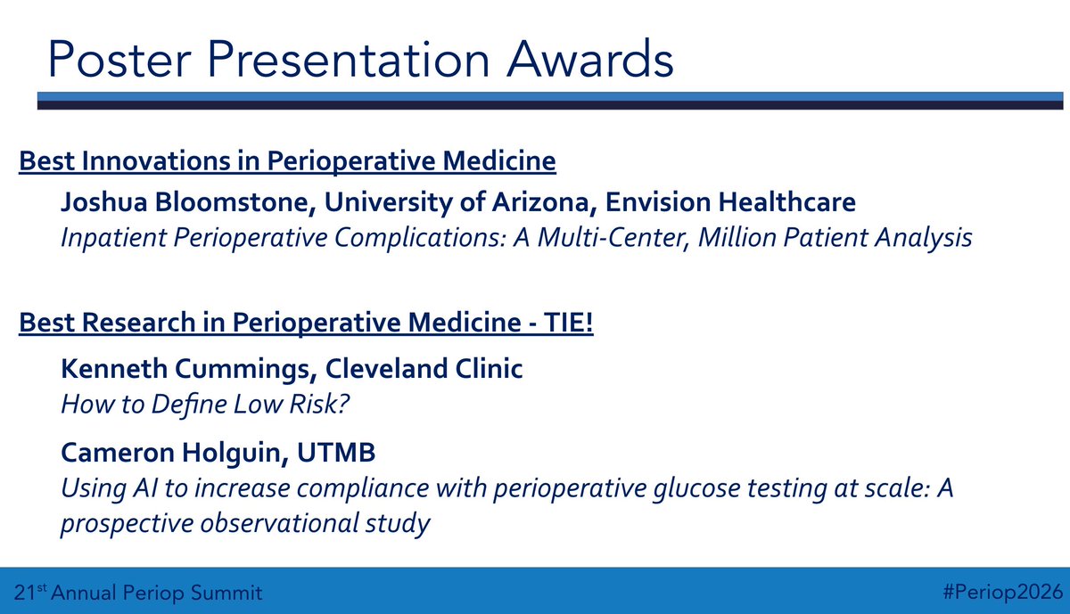 SPAQIedu's tweet photo. Congratulations to all the winners of the poster and oral abstract presentations at the 21st Perioperative Medicine Summit! The future of #periopmedicine is very bright!
#periop2026 https://t.co/CZJS7888Cs