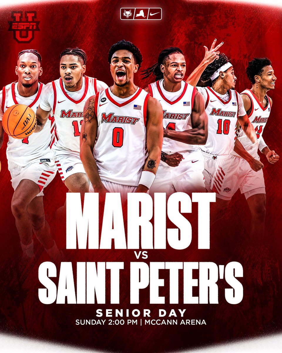 MaristMBB's tweet photo. One last time inside McCann!!! 

Help us celebrate our seniors for Senior Day prior to tip-off against Saint Peter’s on ESPNU Sunday at 2 PM! https://t.co/bhCjnpglax