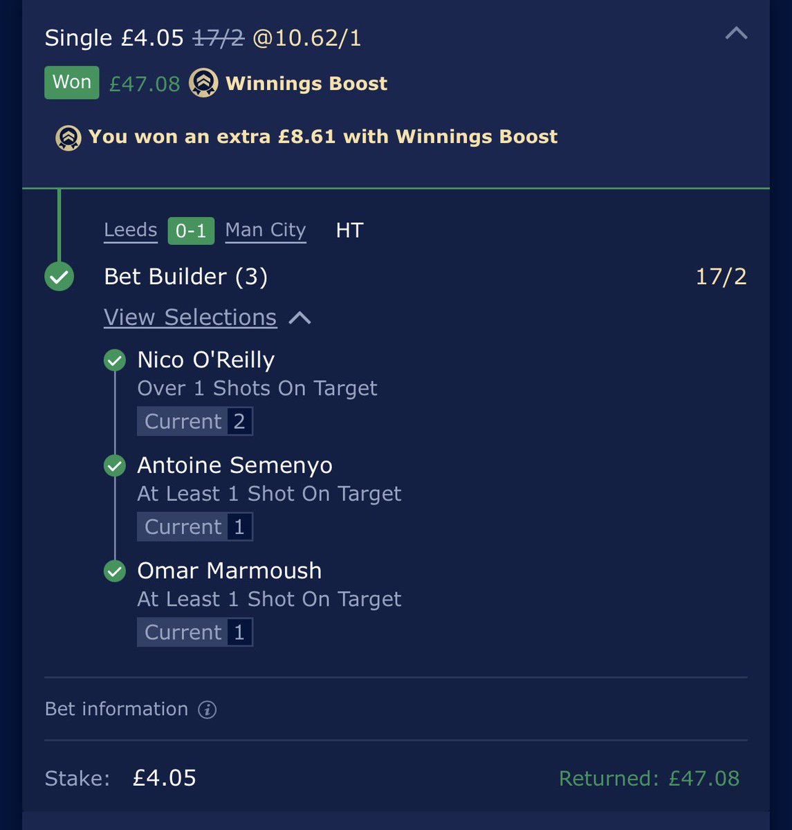 Tashman10's tweet photo. @AndyRobsonTips Nice first half winner off 4 squid!!! https://t.co/GWZVAB4Shz