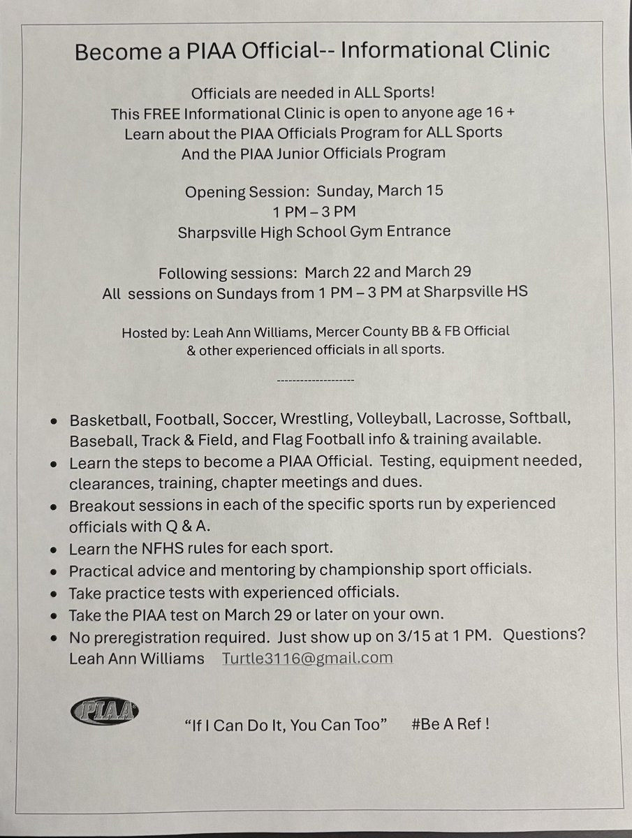 LeahAnnWilliams's tweet photo. @PIAASports Official Info Clinic! 
We need you in Stripes! 🦓  And I will help you! Officials are needed in ALL sports, so the kids can play! Officiating is not for everyone, but if you are curious, join us for this free clinic. 3/15, 3/22, 3/29 from 1-3 pm at Sharpsville HS. https://t.co/u7CTOD88SC