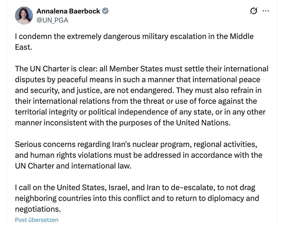KEINE SATIRE. 
47 Jahre hat die UN absolut NICHTS getan, um das Unrechtsregime im Iran von Mord &amp; Todschlag abzuhalten.
Jetzt meldet sich Annalena Baerbock im Namen der UN und fordert Israel &amp; USA auf, die Angriffe einzustellen, denn die UN wäre ja die richtige Plattform, um