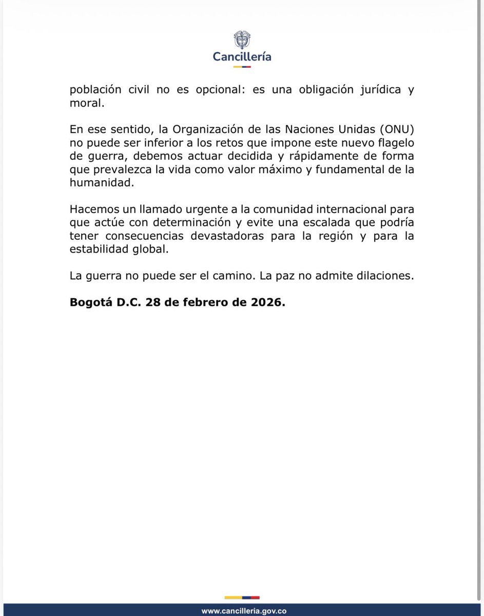 Colombia exige el cese inmediato de hostilidades en Oriente Medio y llama a frenar la escalada que amenaza la estabilidad global. 👇🏼

cancilleria.gov.co/newsroom/news/…