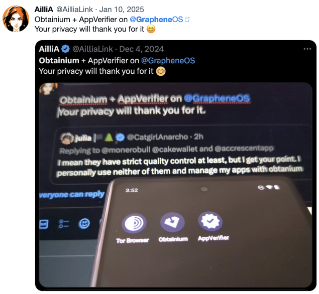 Obtainium + AppVerifier on <a href="/GrapheneOS/">GrapheneOS</a>
Your privacy will thank you for it 😊