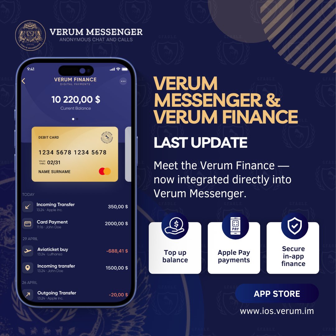 VerumMessenger's tweet photo. 🚀 New Update Is Live

Meet the Verum Finance — now integrated directly into Verum Messenger.

🔹Top up your balance inside the app.
🔹Send money to your contacts directly within the app.
🔹Pay seamlessly with Apple Pay.
🔹Manage your finances without leaving your secure space.

Update Verum Messenger and experience it today.

📲 https://t.co/iTOAF2A1E9

#VerumMessenger #VerumFinance #ApplePay #DigitalFinance