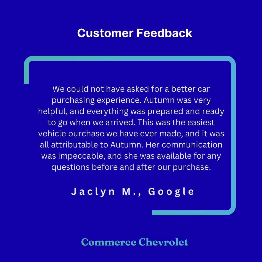Commerce_Chevy's tweet photo. We are thrilled your purchase experience felt effortless and well organized from start to finish, Jaclyn. Clear communication and preparation are important to us, and we are glad everything was ready to make your visit smooth and stress free. https://t.co/zLER9xoSWY
