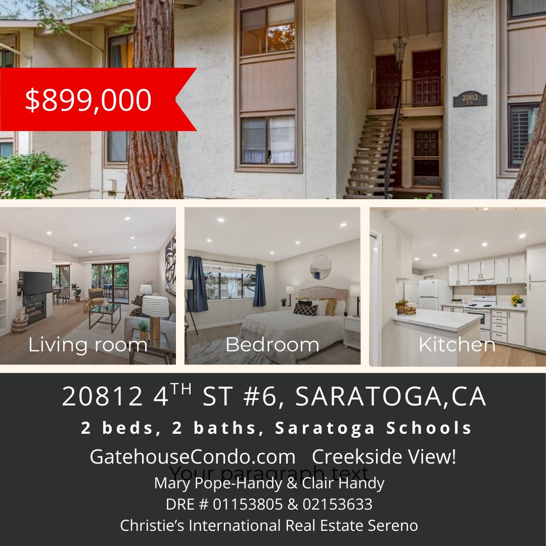 Best price for Saratoga Schools! Nicely updated condo overlooking Saratoga Creek, steps from   Wildwood Park and the Village! Open tomorrow, Sunday, March 1, from 2 - 4 pm. Please stop by! #RealEstate #SaratogaCA