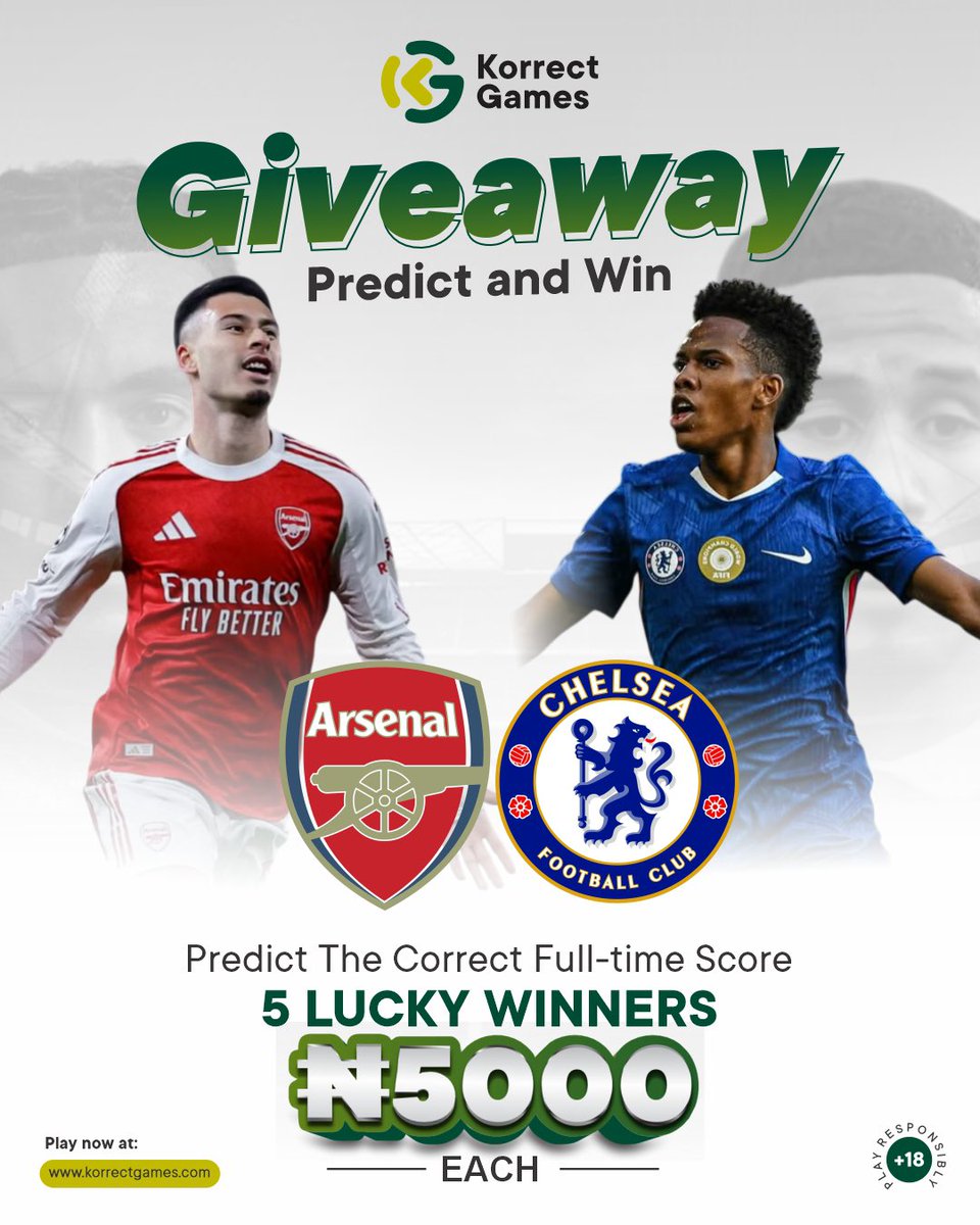 Predict the correct full-time for a chance to win 5,000 naira!

Follow the steps below:

1️⃣ Follow us <a href="/korrectgames/">KorrectGames</a>  2️⃣ Predict the correct full-time score 
Only ONE entry per person
 -Entries close at kick-off, any prediction after that won’t count Good luck! 

#korrectgames