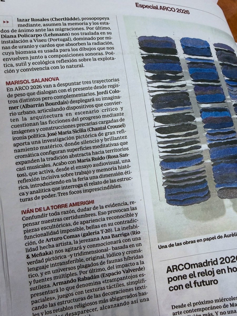 MarisolSalanova's tweet image. Los críticos de @ABC_Cultural recomendamos en el especial @FeriaArco qué #artistas y #galerías destacan, cuya visita en #ARCO2026 nos parece imprescindible: para mí, Colomer en el estand de @Albarrán Bourdais, Sicilia en Chantal Crousel y María Ruido en @g_rosasantos son 🔝
