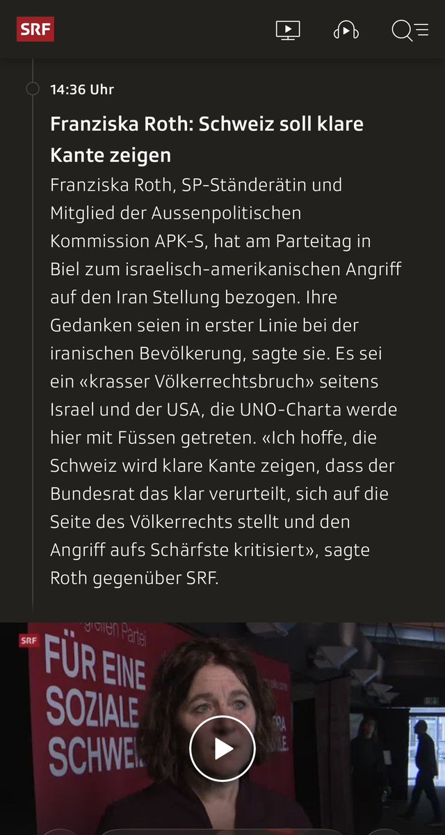 Sozialistin Franziska Roth, Ständerätin und Mitglied der Aussenpolitischen Kommission hebt den Völkerrecht-Mahnfinger hoch und verlangt, dass die Schweiz klare Kante zeigen soll.

Ihre Gedanken seien in erster Linie beim iranischen Volk.

Ich kann mich nicht daran erinnern, dass
