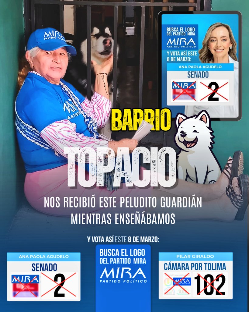 Martha_Castella's tweet photo. 🐕💙 HASTA LOS PERRITOS DEL TOPACIO NOS RECIBIERON

Este barrio nos abrió sus puertas con cariño 🏘️

Topacio ya sabe que el 8️⃣ de marzo debe marcar:

✅ 0⃣2️⃣ Senado - Ana Paola Agudelo
✅ 1⃣0⃣2️⃣ Cámara - Pilar Giraldo

#Topacio #MIRA #Ibagué #HastaLosPerritosConMIRA https://t.co/CdgDnfPrKs