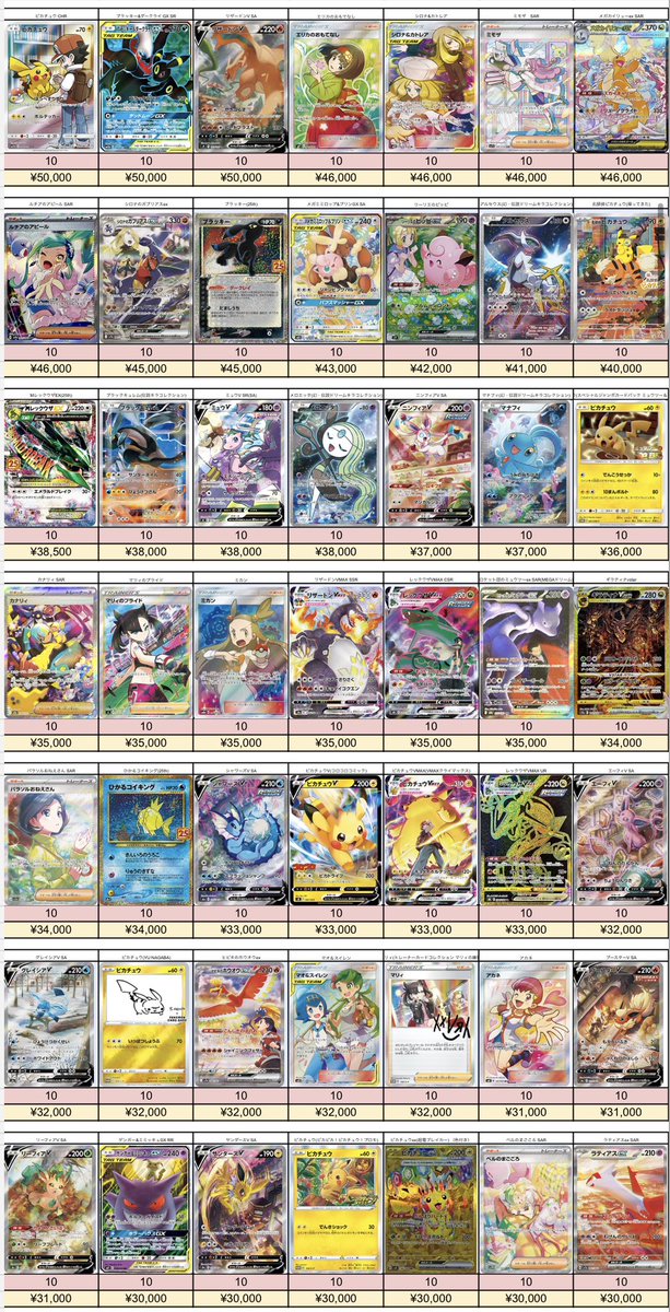 torekanokyuden's tweet photo. 3/1受付分🌟

🔥📮ポケモンカードPSA10 郵送買取表📮🔥

買取が成立しましたら24時間以内の振込でご利用いただけますので、ぜひお問い合わせください‼️

🔸キャンペーン実施中🔸
郵送買取をリポストをしてくれた方の中から毎週１名様へ何かしらのポケカBOXをプレゼント🎁
毎日リポストすると当選確率UP☝️

⭐️白かけ、異物混入ない限り満額率高めです⭐️

郵送買取ご希望の方は公式LINEへ➡️   【https://t.co/m1wOhLVOIn】
🔆表中の買取希望商品と価格・枚数をLINEでお伝えください🔆

買取表以外のカードも買取可能です✨
まずはお気軽にお問い合わせください🎶
※お写真での仮査定は行っておりません🙇
店休日は郵送買取もお休みです⚠️

#トレカの宮殿
#王メモ
#秋葉原PSA買取
#秋葉原Box買取
#ポケカプレゼント
#ピカチュウ
#ポケカ 
#プレゼント
#キャンペーン実施中