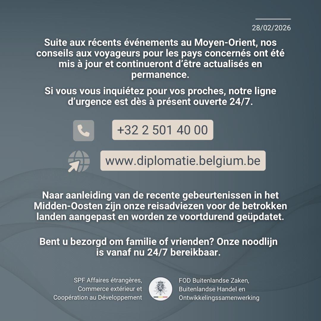 prevotmaxime's tweet photo. (FR/NL) Suite aux récents événements au Moyen-Orient, nos conseils aux voyageurs pour les pays concernés ont été mis à jour et continueront d’être actualisés en permanence. Je suis la situation de très près.

📞 Si vous êtes préoccupé par la sécurité de vos proches sur place, notre ligne d’urgence est dès à présent ouverte 24/7 : +32 2 501 40 00
_________

Naar aanleiding van de recente gebeurtenissen in het Midden-Oosten zijn onze reisadviezen voor de betrokken landen aangepast en worden ze voortdurend geactualiseerd. Ik volg de situatie op de voet.

📞 Bent u bezorgd om de veiligheid van uw naasten ter plaatse? Onze noodlijn is vanaf nu 24/7 bereikbaar: +32 2 501 40 00
@BelgiumMFA