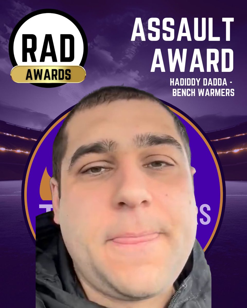 TheRadLeagueX's tweet photo. 🏆 WINNER: We’re getting close to naming this award after him. Though there was some chatter he would lose his streak of taking home this prestigious Assault Award, @Benchwarmers92 said fill my Gatorade. Congrats on all the assaults and the award! https://t.co/gCwhMYl4PZ