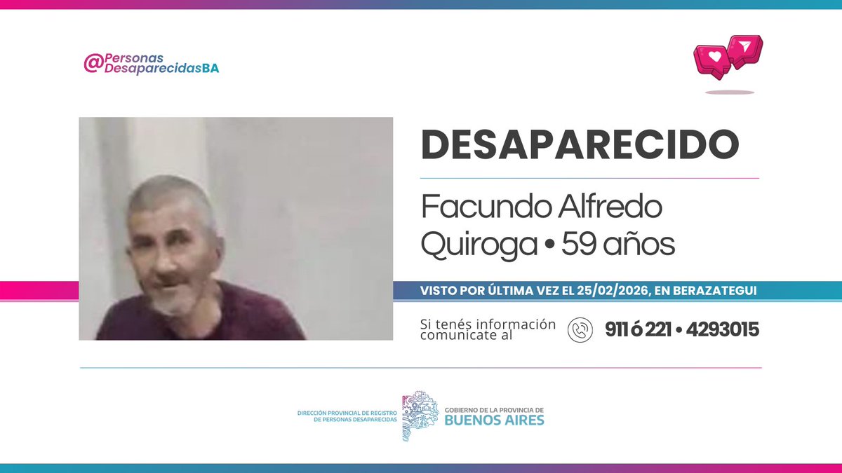 📣AYUDANOS A ENCONTRAR A FACUNDO ALFREDO QUIROGA ‼️

⚠️ Facundo Alfredo, de 59 años, fue visto por última vez el miércoles 25 de febrero, en #Berazategui.

ℹ️ Más info➡️ facebook.com/share/p/1Aj6qR…