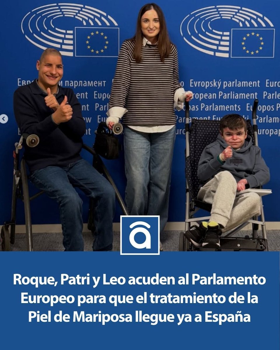 Roque Star, joven con parálisis cerebral; Patri, joven con Piel de Mariposa; y Leo, un niño con Piel de Mariposa, han acudido al Parlamento Europeo para solicitar que 'Vyjuvek' llegue ya a España.

'Vyjuvek' es un tratamiento médico que ayuda a mejorar la calidad de vida de las