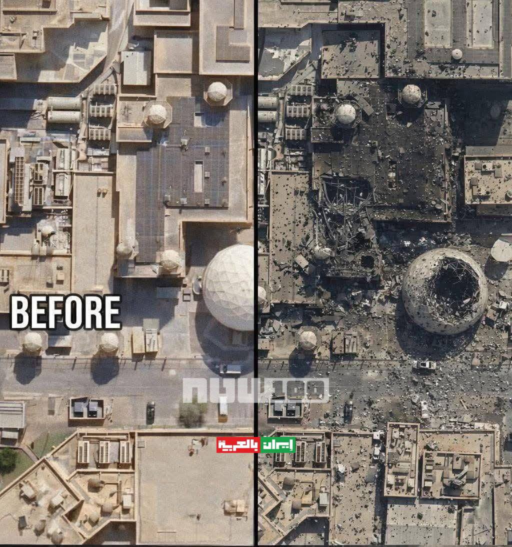 press3636's tweet image. Aerial photos of American bases in Qatar before and after the Iranian bombing.