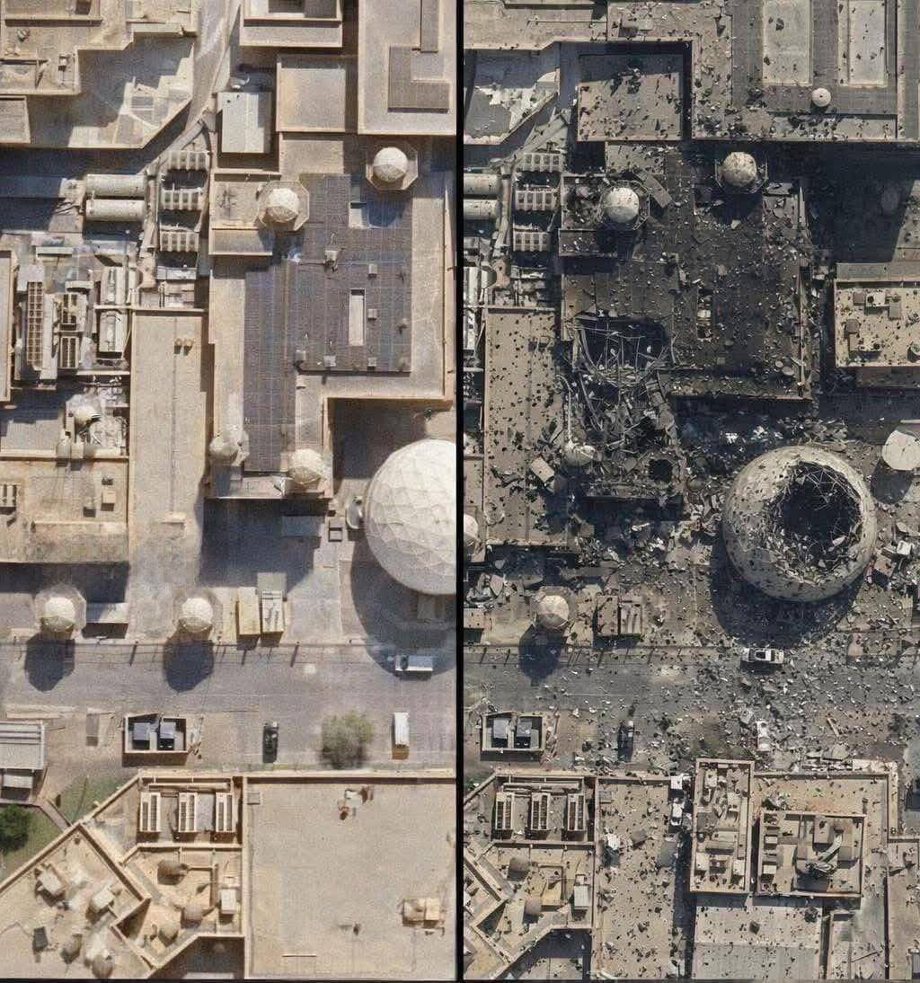 Sea2Sea1Way's tweet image. 🚨The before and after the Iranian attack on the American military base in Qatar 🇶🇦