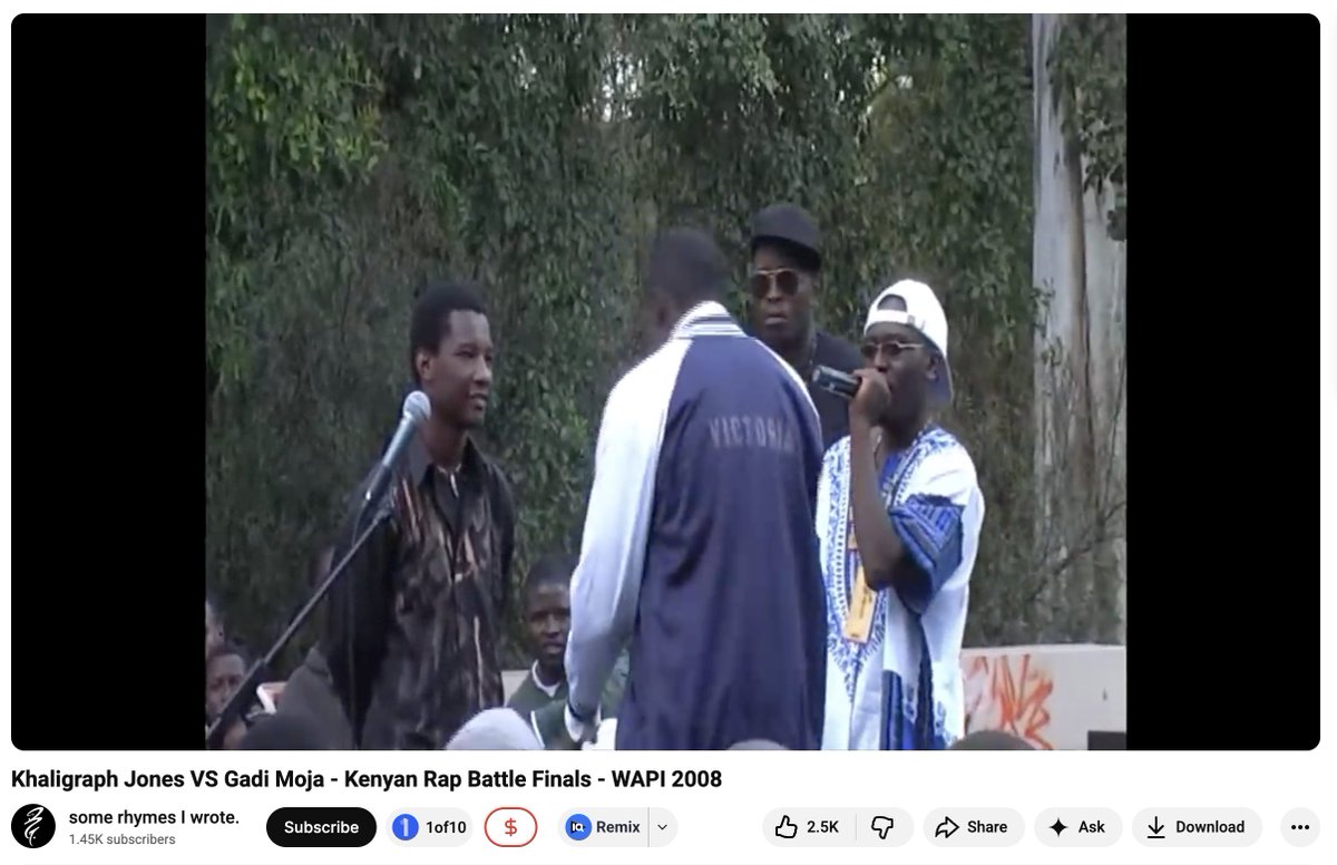 kanairaw1's tweet photo. Most Kenyan rappers owe their success to WAPI (Words and Pictures), a free monthly forum held at the British Council offices in Upper Hill and later at Sarakasi Dome, Ngara, in the mid-to-late 2000s. 

WAPI was essentially the breeding ground for famous rappers like @RabbitTheKing, @OCTOPIZZO, @KHALIGRAPH, Eko Dida (he used to move the crowds with his unique stammering style), @JulianiKenya, Camp Mulla, Point Blank (the event MC).

Phase 1: British Council, Upper Hill (2007–2009), where it all started. The last Saturday of every month at the British Council offices.

Phase 2: Sarakasi Dome, Ngara Road (2009/2010 onwards) The move to Sarakasi gave WAPI a bigger, more dedicated creative space that suited the growing energy of the event. 
The Ngara era was actually when some of the biggest names came through. It was at Sarakasi Dome Ngara that @Octopizzo, who used to walk all the way from Kibera in slippers, kept showing up and eventually caught the eye of @DjPinye, which launched his career. Jamaa alikua consistent mbaya! He first picked up a microphone at WAPI and had never been on stage before that.

FUN Fact: It was more fun experiencing them during that era before fame. Raw talent.

In his 1st rap battle at WAPI, Khali went all the way to the finals: Watch it here:
https://t.co/45JcvRWkZC