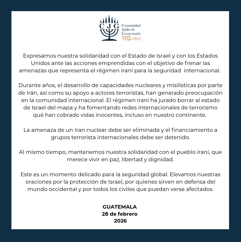 Postura de la Comunidad Judía de Guatemala ante el ataque preventivo de USA e Israel contra el régimen iraní.