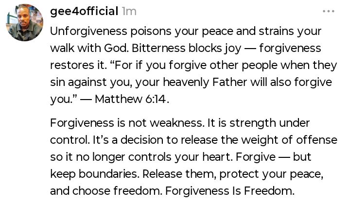 Gee4_Dhc's tweet photo. Forgive, but guard your peace.
Release, but use wisdom.
Let go, but don't allow repeated harm. https://t.co/2Op4OB0UGI