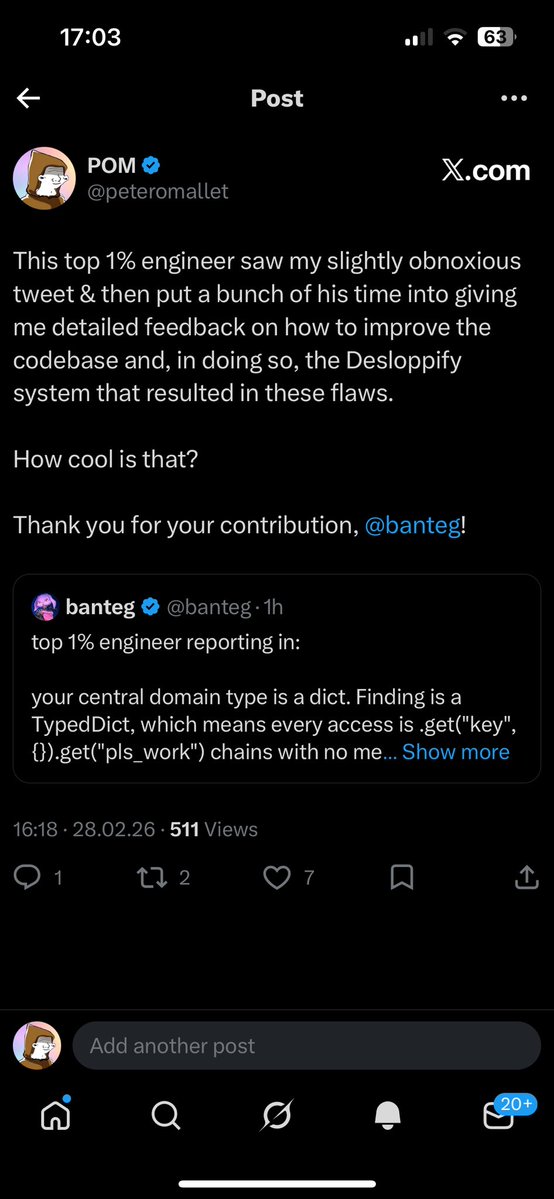Here’s the attention loop in action 

I make a claim about desloppify, engineers w/ big followings use that to dunk on it, I get agents to improve it based on their feedback so their dunk is no longer valid

Soon I’ll reveal how I’ll use all the fees I’ve received to add fuel to