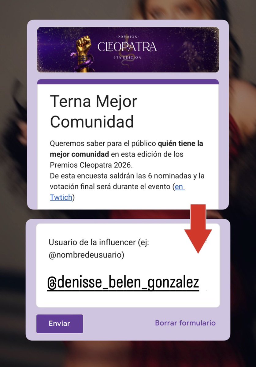 DenisseTrends's tweet photo. YA ESTÁ habilitado el formulario para votar al influencer con
MEJOR COMUNIDAD ✨ 

🗳️ Cómo votar? Fácil! 

Entras al link y abajo, en el forms escribís el @ de Denisse, como en la imagen, apretás ENVIAR y listo! 

🔗 https://t.co/rKgx1fR4w2 https://t.co/fbDC6BRIyq