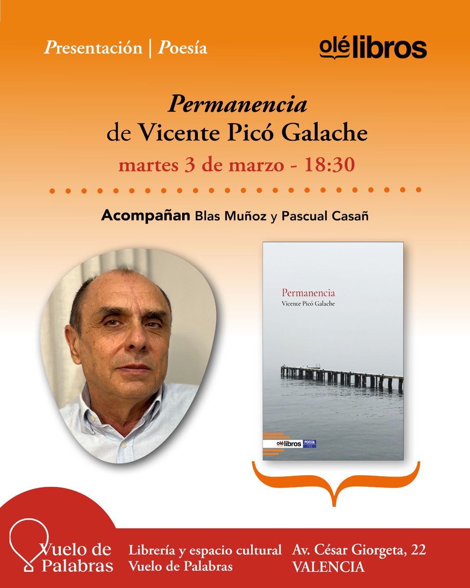 Vicente Picó presentará su poemario 'Permanencia', el martes 3 de marzo, a las 18:30 horas, en la librería Vuelo de palabras (Valencia). 
#poesia #poetas #presentacion #libro #literatura #cultura