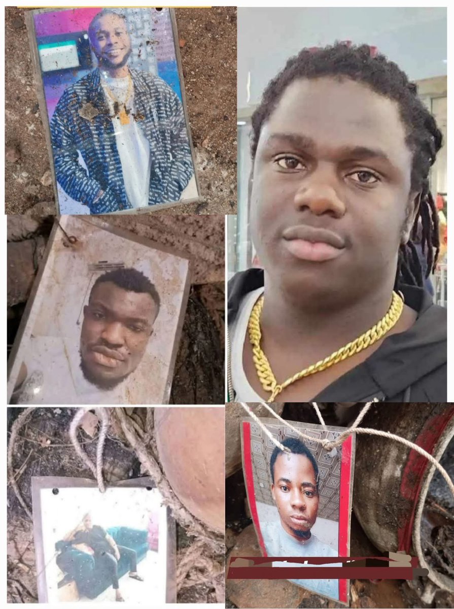 keep_on10's tweet photo. During the demolition of the shrine belonging to popular Anambra native doctor Akwa Okuko, who was sentenced to 11 months in prison yesterday, authorities reportedly uncovered photos of young men allegedly linked to Okeite (charm pot) rituals pictured below. https://t.co/AfQA3Pr4ha
