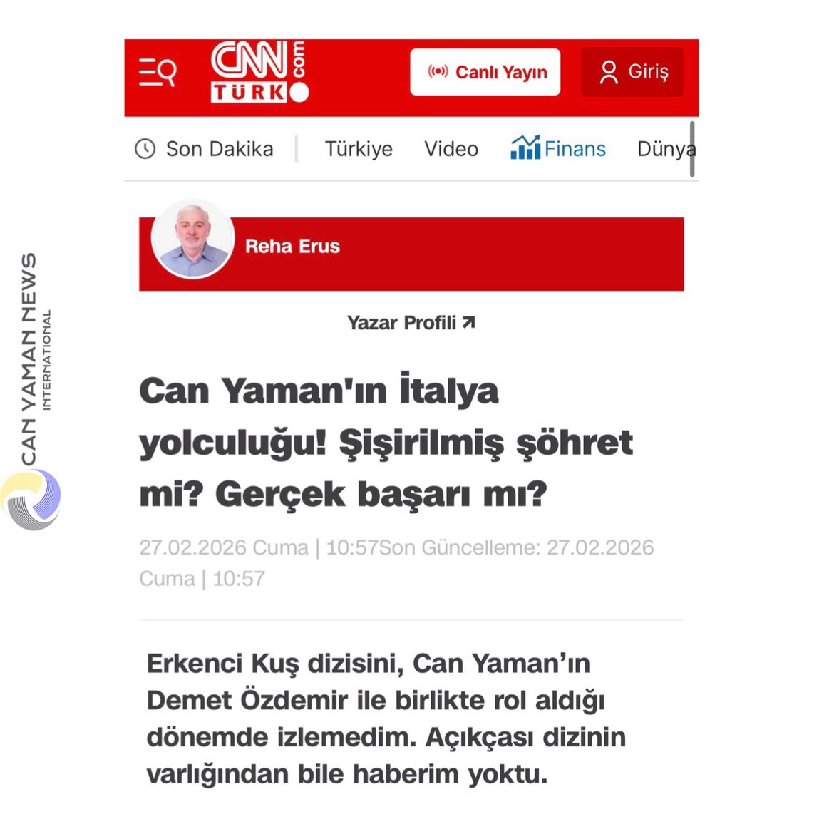 ♦️🇹🇷🗞️| CNN Turk - CanYaman's journey to Italy! Inflated fame? Real success?

I did not watch the series Erkenci Kuş when Can Yaman starred with Demet Özdemir. Frankly, I didn't know it existed.

Who was this Can Yaman? What kind of education was he educated? These questions were