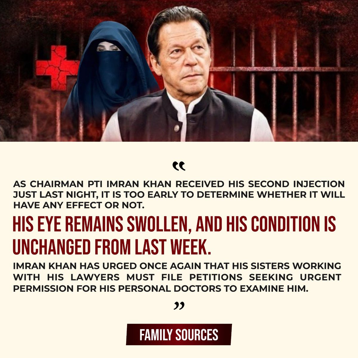 PTIOfficialCA's tweet image. "His eye remains swollen, and his condition is unchanged from last week." _Family Sources
#ImranKhanNotSafeInAdiala

He deserves proper medical care, access to his personal doctors, and the support of his family. The corrupt regime is treating him like a terrorist or hardened