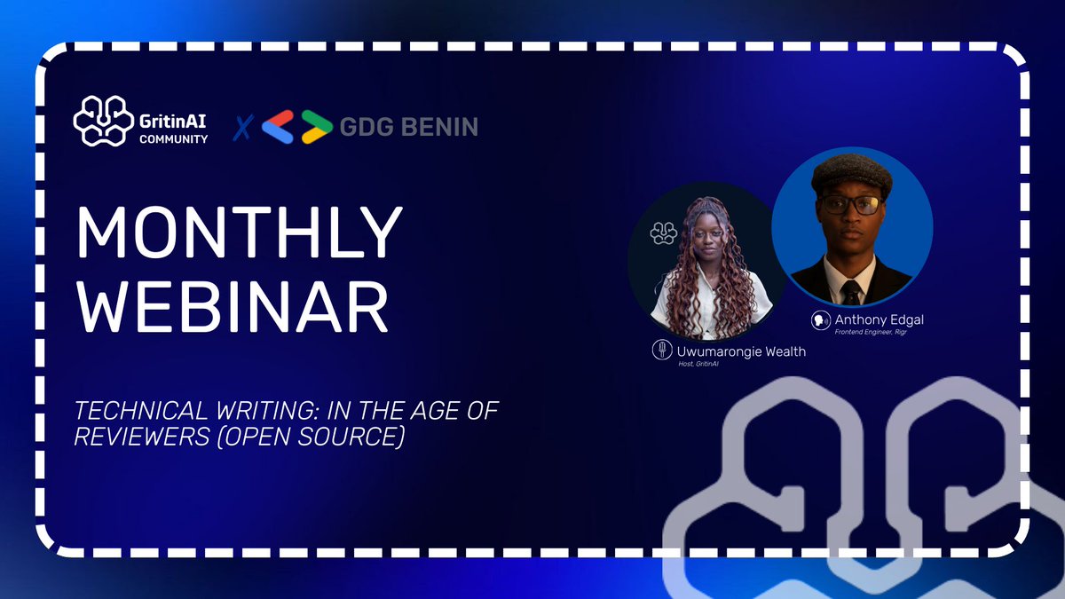 Today, we’ll be hosting our monthly webinar over here by 8pm WAT 

Topic: Technical Writing In The Age of Reviewers (Open Source)

Guest speaker: Anthony Edgal
Co-Host: Uwumarongie Wealth

This is set to be an insightful conversation  just for you, so don't miss out :)