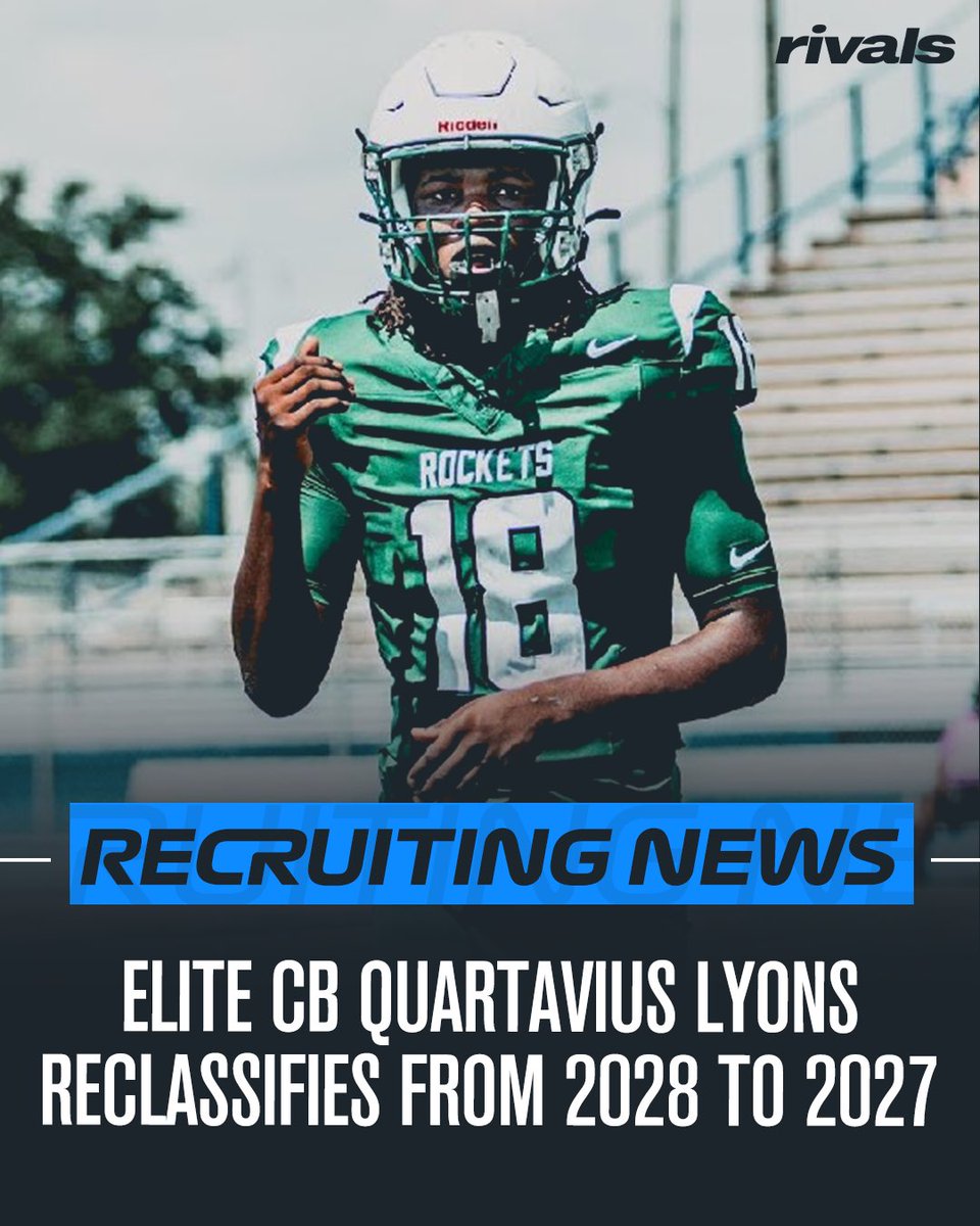 Rivals's tweet photo. 🚨NEWS🚨 Elite CB Quartavius Lyons has reclassified from 2028 to 2027.

Read: https://t.co/wBLu5pnMSp https://t.co/cGhFvckgrh