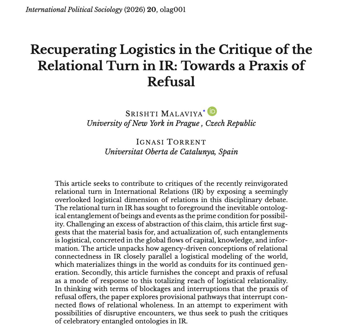 DavidCh27992090's tweet photo. Srishti Malaviya & Ignasi Torrent @ignasitorrent 'Recuperating Logistics in the Critique of the Relational Turn in IR: Towards a Praxis of Refusal', International Political Sociology @INTPOLITSOCIO, 23 February 2026 #Anthropocene #RelationalTurn #7PIRS001W
https://t.co/2MuWzIL8go https://t.co/6wZU6t12Af