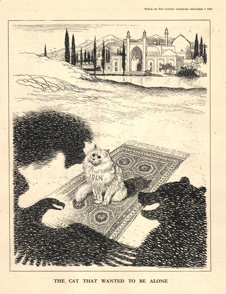 "The, Cat that wanted to be alone."

🇬🇧🇺🇲🇷🇺🇮🇷 A British cartoon depicting Iran (as a Persian cat on a Persian carpet) with a British lion, an American eagle and a Russian bear hovering over it.

The date at the top is December 5, 1945. At that time, Iran had been occupied for