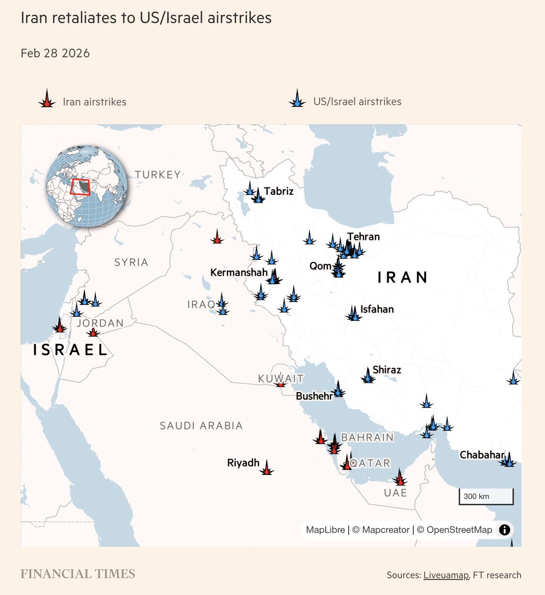 O conflito está se ampliando após o Irã lançar mísseis contra diversos países do Oriente Médio, incluindo Catar, Arábia Saudita e Emirados Árabes Unidos, em retaliação aos ataques realizados por Israel e pelos Estados Unidos.

Em Dubai, um incêndio atingiu um hotel na Palm