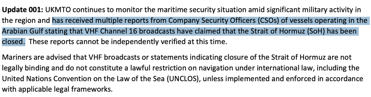 Faytuks's tweet photo. UKMTO has received multiple reports from Company Security Officers of vessels operating in the Persian Gulf stating that the Strait of Hormuz has been closed.

This has been transmitted to them through VHF broadcasts.

https://t.co/7iYUbxcoFL https://t.co/VmAwTfYU7n