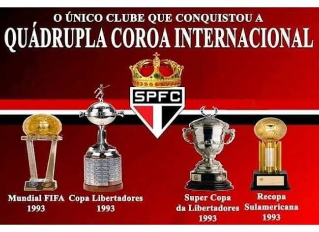 além do São Paulo ser o único trimundial e campeão de tudo no Brasil é o único que detém a quádrupla coroa internacional 

quando eu falo de hegemonia para ganhar tudo dois anos seguidos é só pro São Paulo

aos rivais e antis só resta chorar JAMAIS COMPAREM